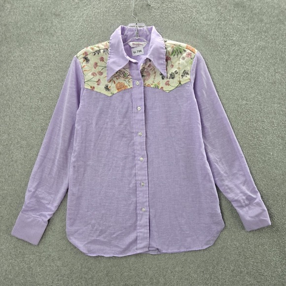 VINTAGE Wrangler Women Top 36 Purple Floral Western Button Up Collar 70s USA - Picture 1 of 9
